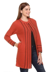 CLAPTON Women Round Neck Rust Full Sleeve With Pocket Wool Cardigan (Outer Long) - M, Rust, Wool, Pack of1